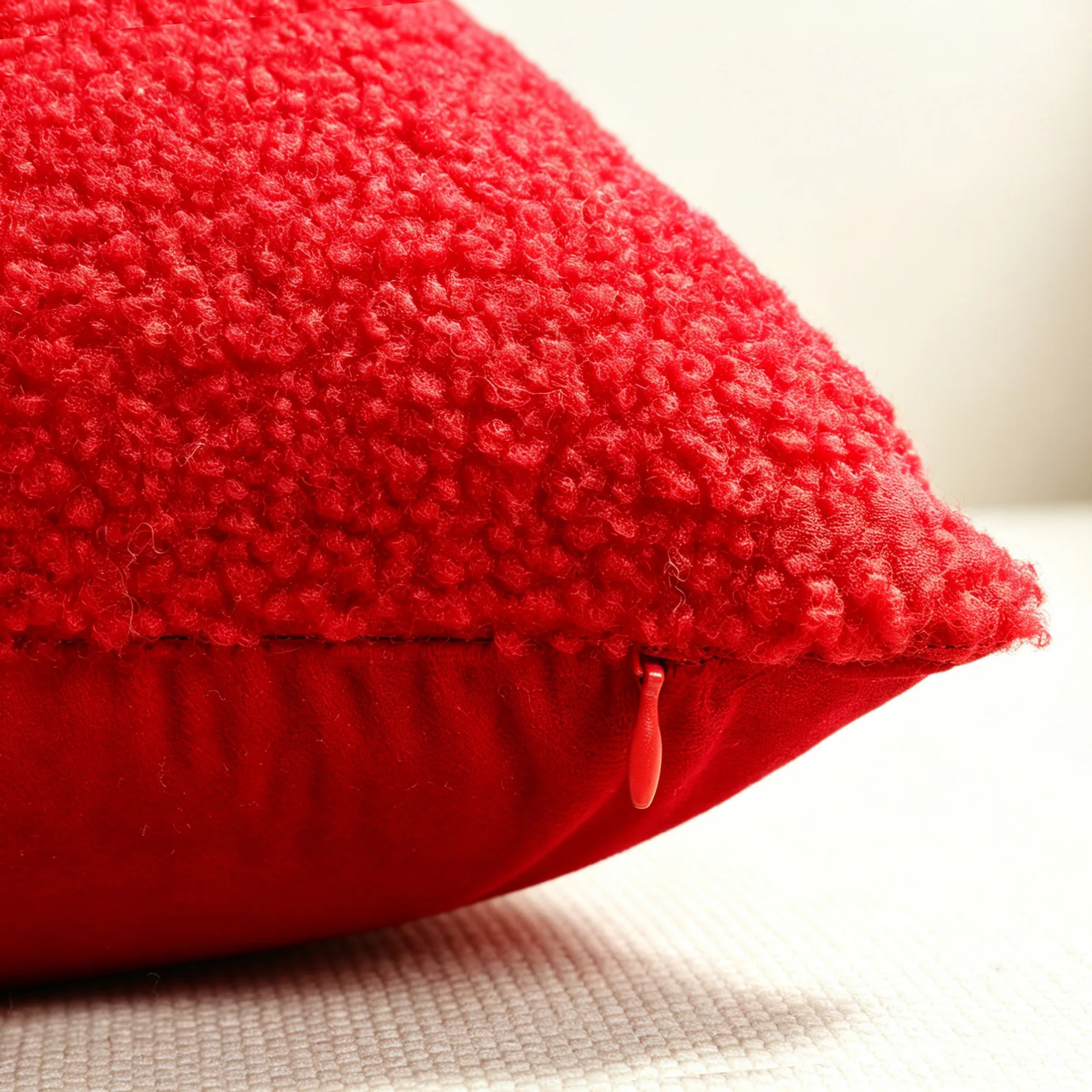 Detail of the red plush polyester fabric