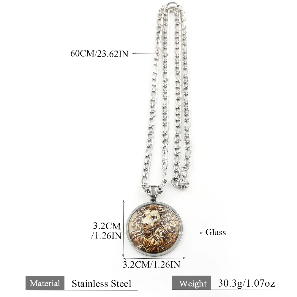 Vintage Lion King Head Glass Round Medal Pendant Necklace for Women Men Gold Plated Stainless Steel Animal Lover Chain Jewelry - view 6