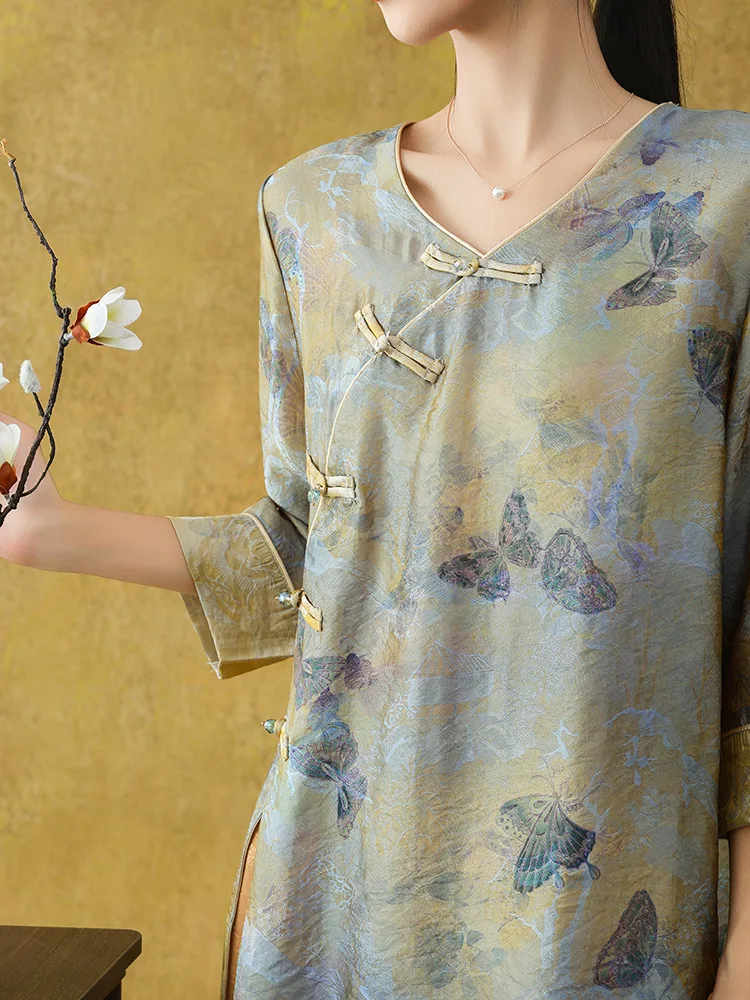 

Lingduo Топ с вышивкой и боковым разрезом в стиле ретро, топ с вышивкой, новый китайский летний новый женский шелковый топ в стиле дзен Hanfu...