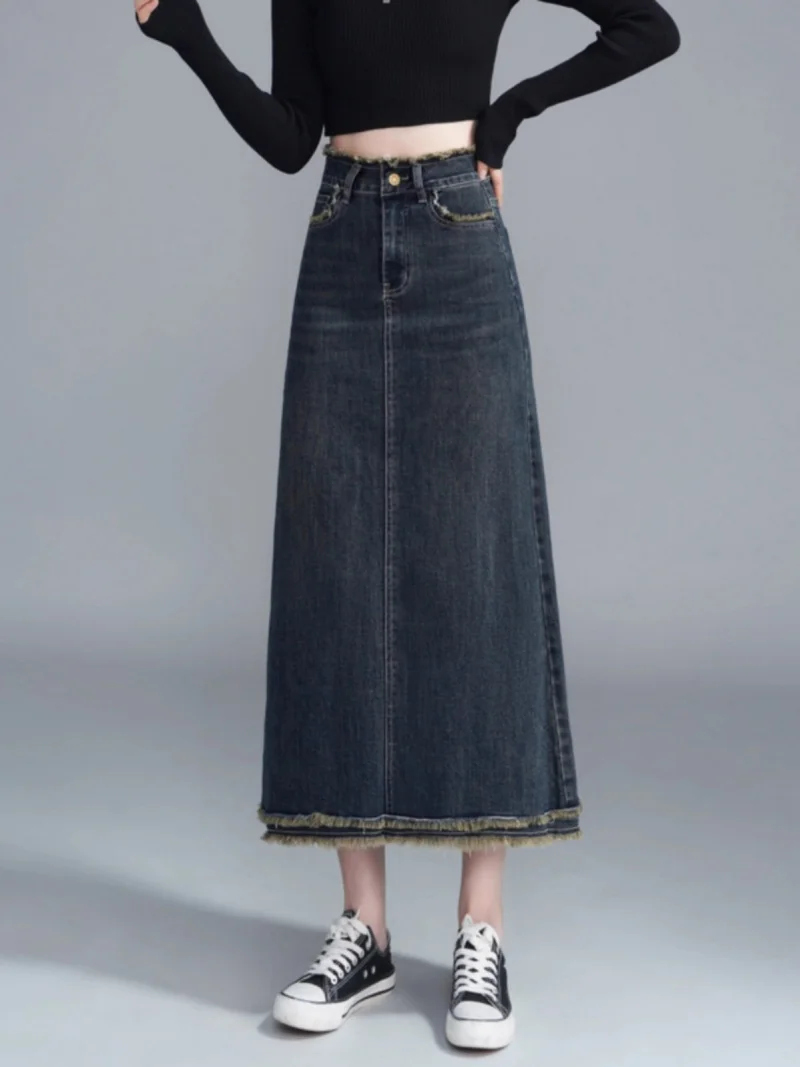 تنورة دينم نسائية عصرية جديدة لعام 2025، تنورة طويلة طويلة بخصر عالٍ على شكل حرف A مع تفاصيل هامشية، أنيقة وغير رسمية w1837