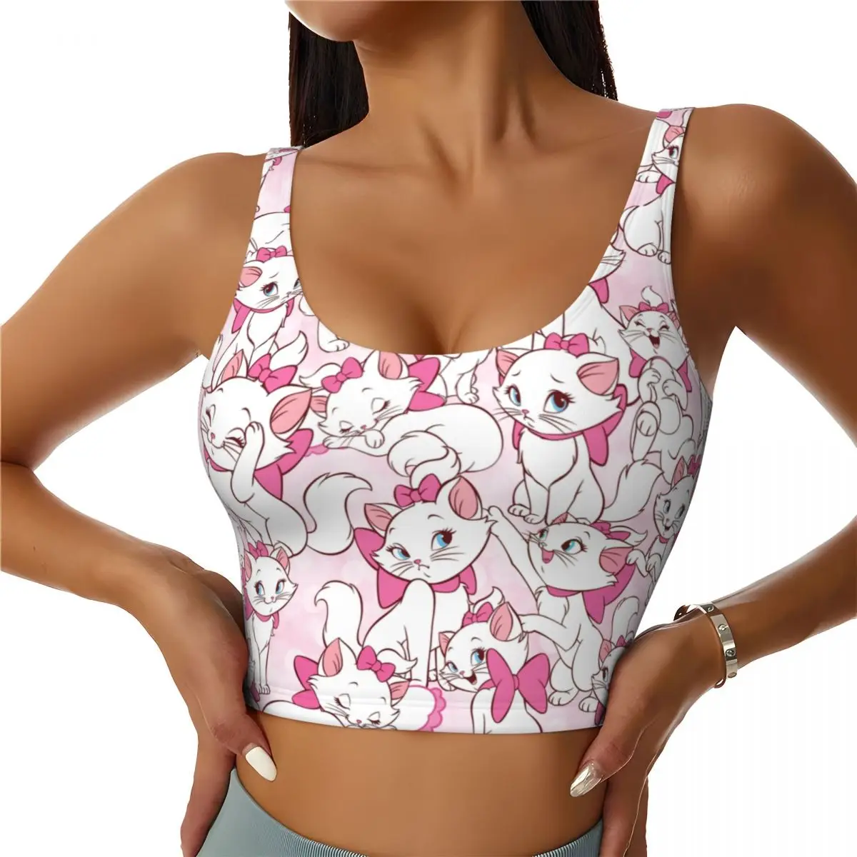 Custom High Impact Marie Cat On Pink Sports Bra for Women Cartoon Gym Workout Yoga Crop Top