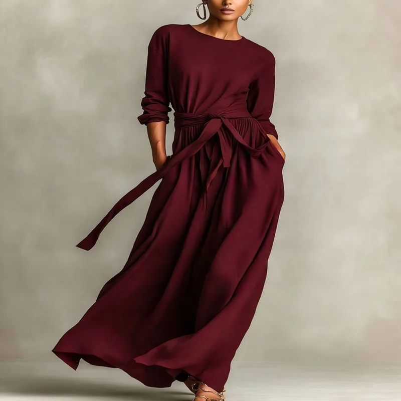 เดรสยาวลำลองสไตล์โบฮีเมียน แขนยาว คอทรงโอ มีกระเป๋า เอวสูง ผูกโบว์  สำหรับผู้หญิง  ใส่ได้ทั้งฤดูใบไม้ผลิและฤดูใบไม้ร่วง  ดีไซน์เรียบหรู