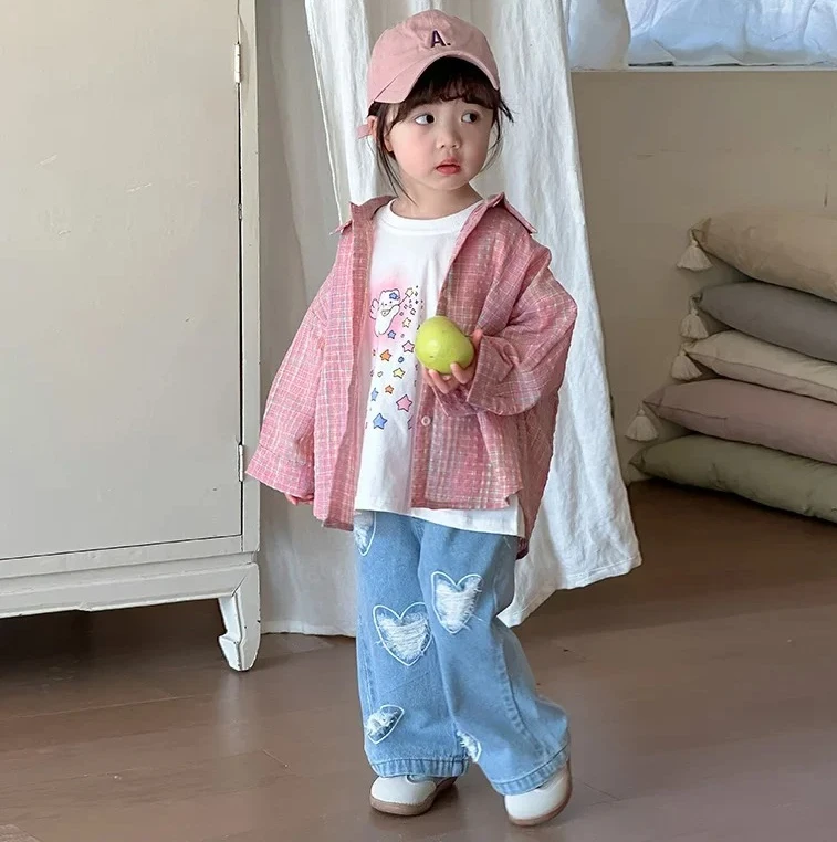Girls Spring Autumn Pink Shirt 2025 Children Clothing New Shirt Baby Girls Korean Sunscreen Cardigan Long Sleeved Top Jacket