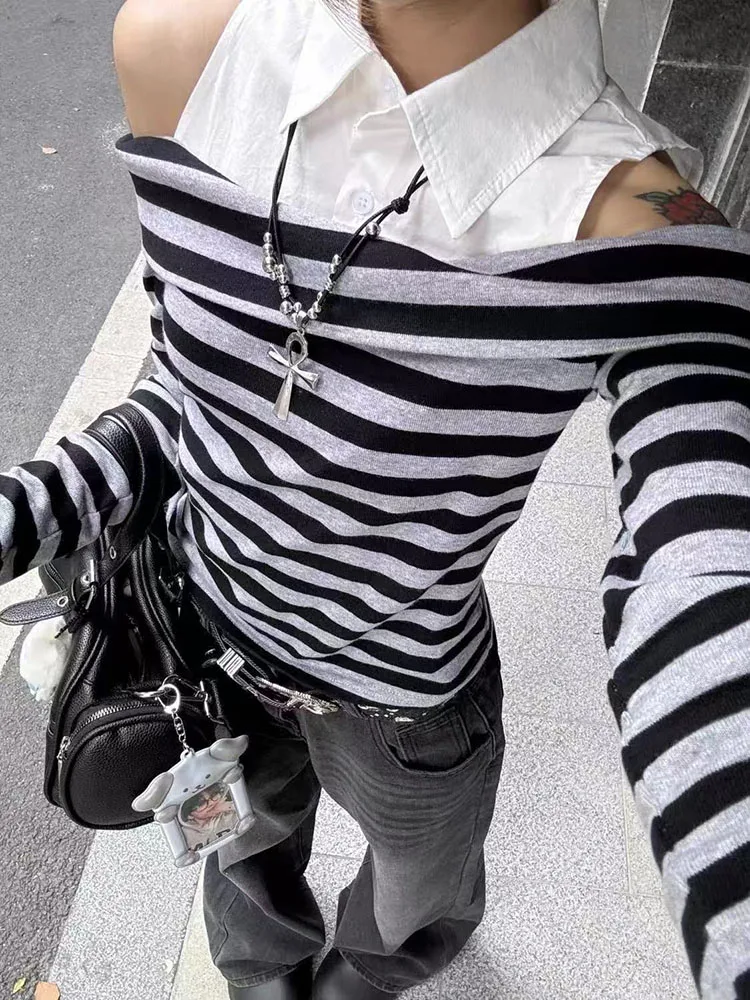 Fake Two Pieces Striped T Shirt for Women Y2K Autumn Sexy Slim Long Sleeve Tops Japanese Chic Off Shoulder Patchwork Tees Mujer