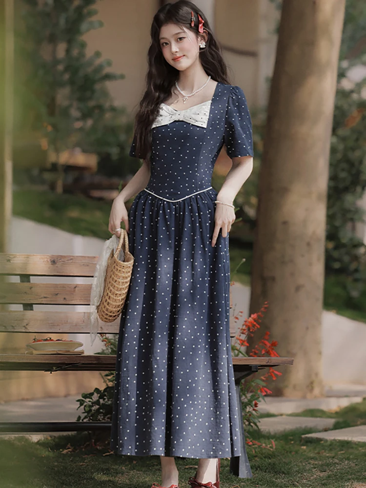 

Весенне-летнее женское элегантное повседневное домашнее платье в горошек с коротким рукавом, бантом и квадратным вырезом, облегающее, в корейском стиле, для выпускного вечера, 2026