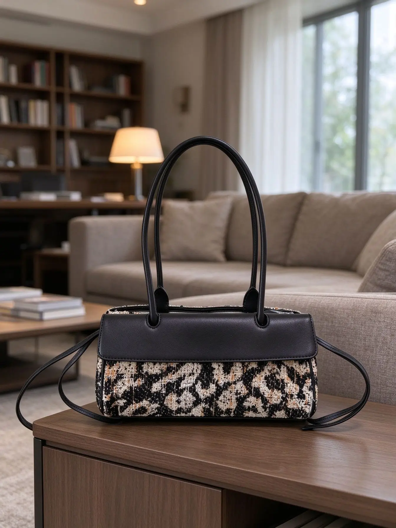 Unisex Leopard Print Tweed Shoulder Bag Leather Spliced Flap Handbag Retro Woven Fabric Top Handle Crossbody Bag