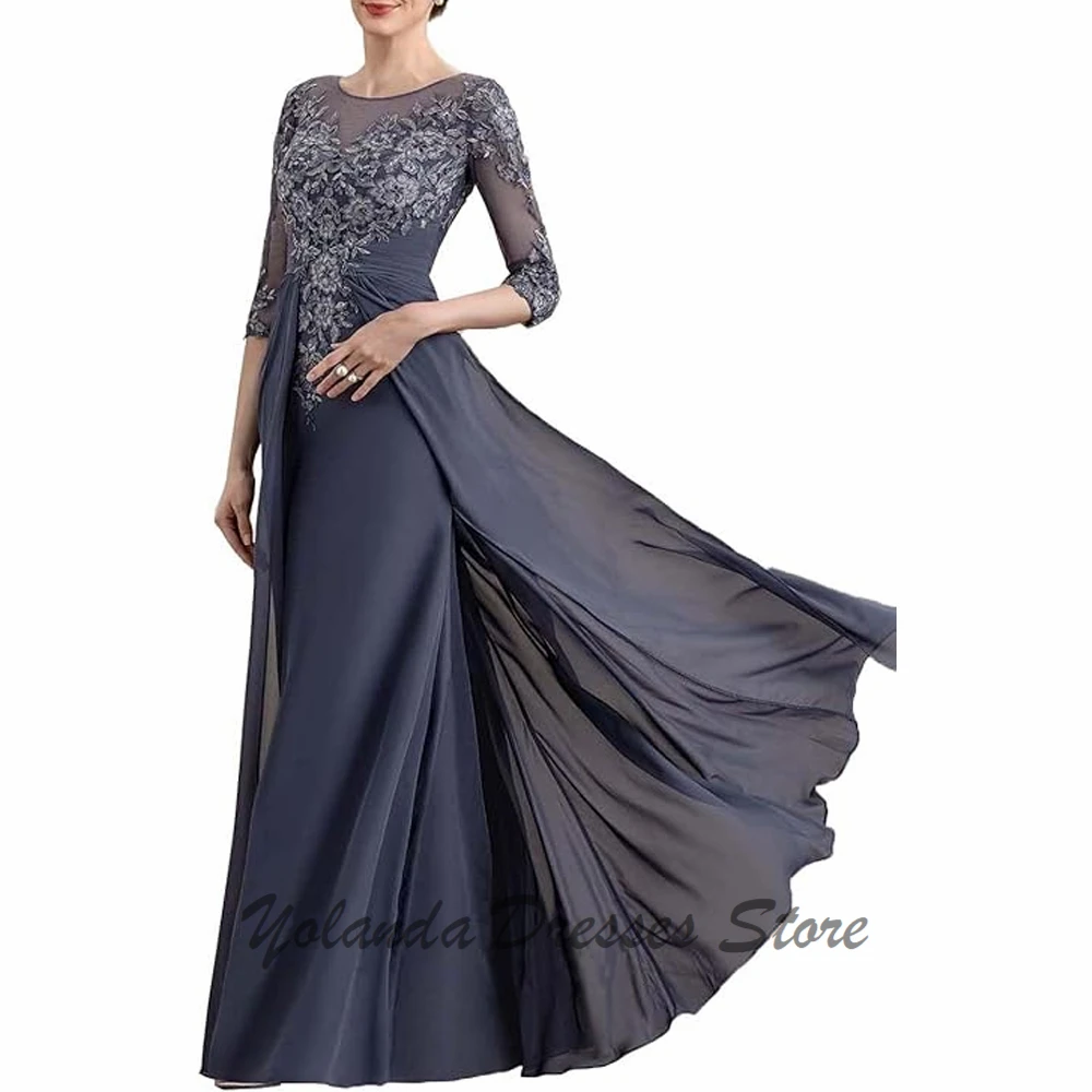 Classic Illusion Mother of The Bride Dresses Applique Lace 3/4 Sleeves O Neck Formal Evening Gown Floor Length Zipper Back Pleat