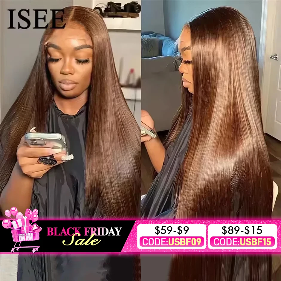 ISEE Hair Wig Brazilian Straight Chocolate Brown Lace Front Wig 13x4  Colored Wig Human Hair 4x4 Closure Wig On Sale Clearance