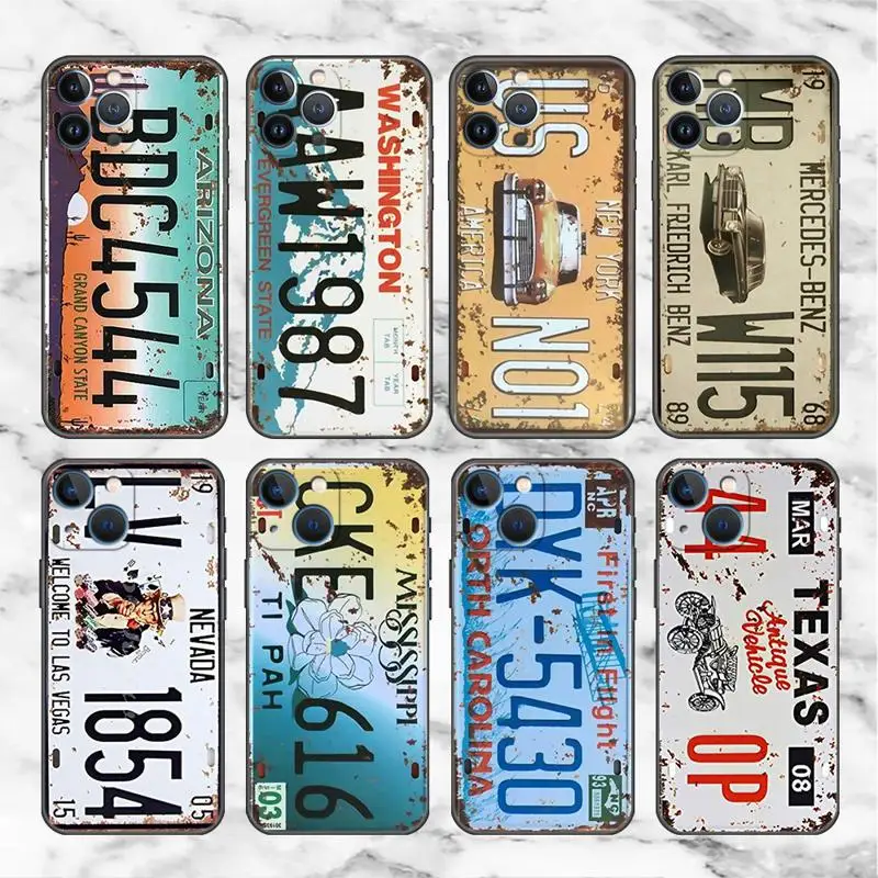 

Retro Vintage License Plate Phone Case For iPhone 16 15 14 13 12 11 Pro Max Mini X XS SE4 7 8 Plus 16E Shockproof Cover Fundas