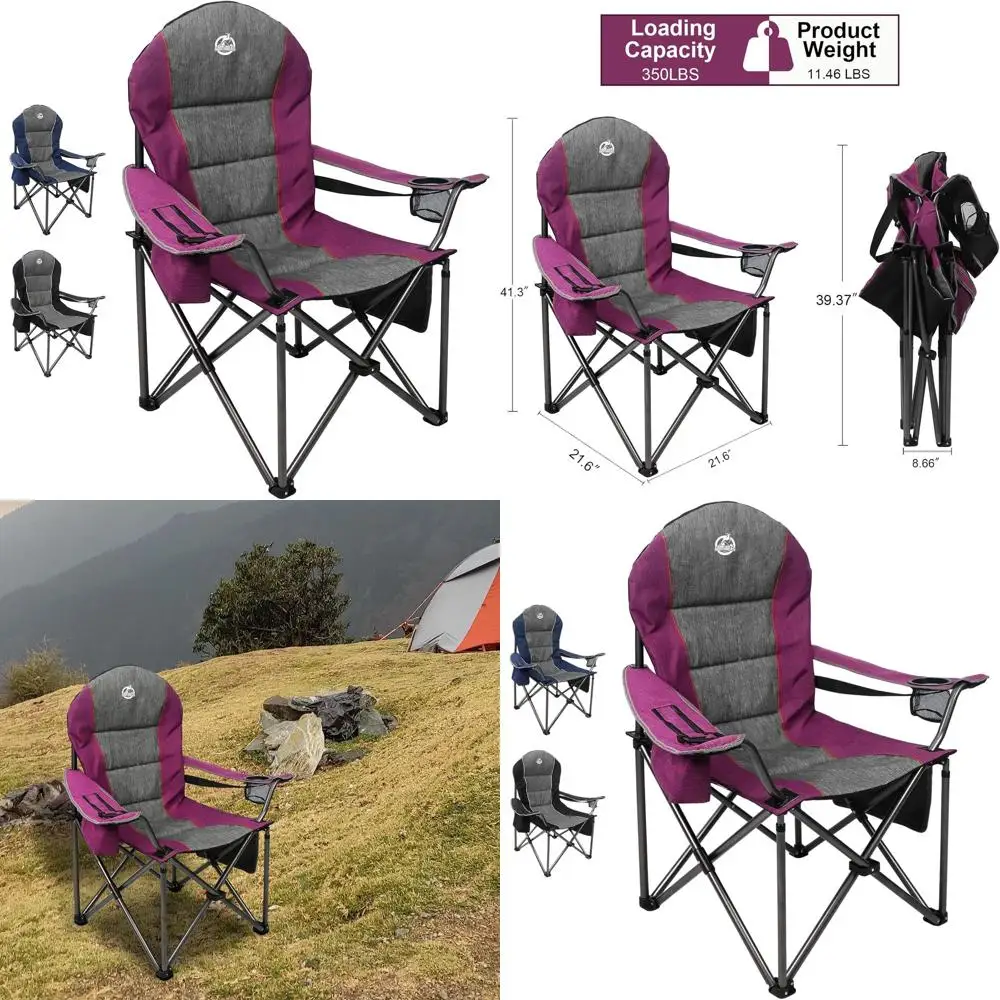 

Sturdy Folding Camping Chair with Padded Seat, 350 lbs Capacity, Cup Holder, Cooler Bag, Lumbar & Head Support for Adults in Pur