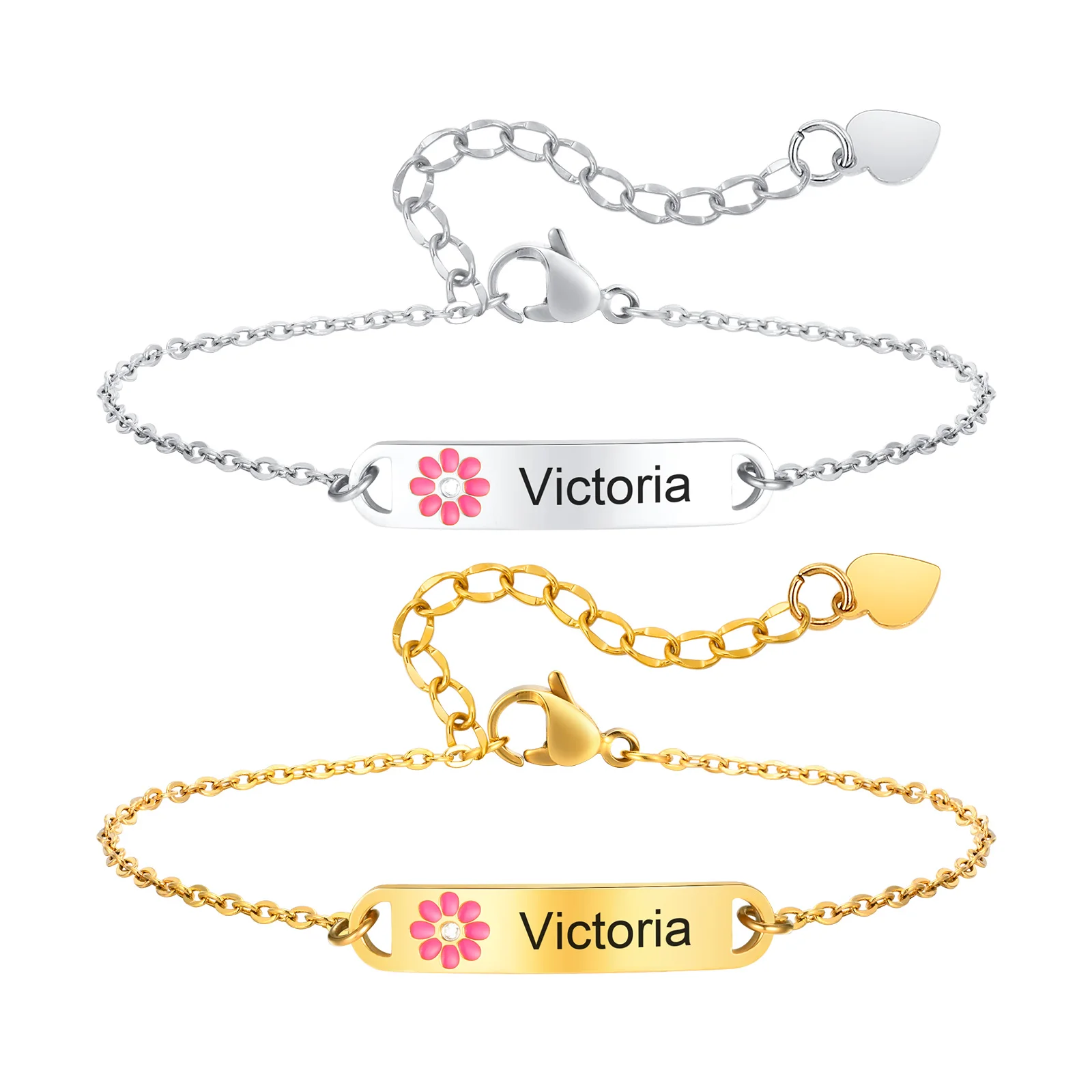 

Stainless Steel Personalized Name Date Pattern Bracelets for Little Girls Bent Sign Corroded Glue Flowers Bracelet Gifts