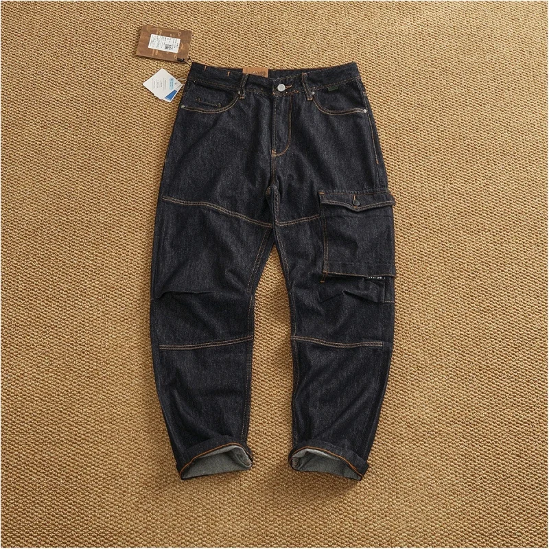 

Мужские джинсовые брюки в японском стиле с множеством карманов, свободные прямые брюки в стиле пэчворк, уличная мода, рабочая одежда.