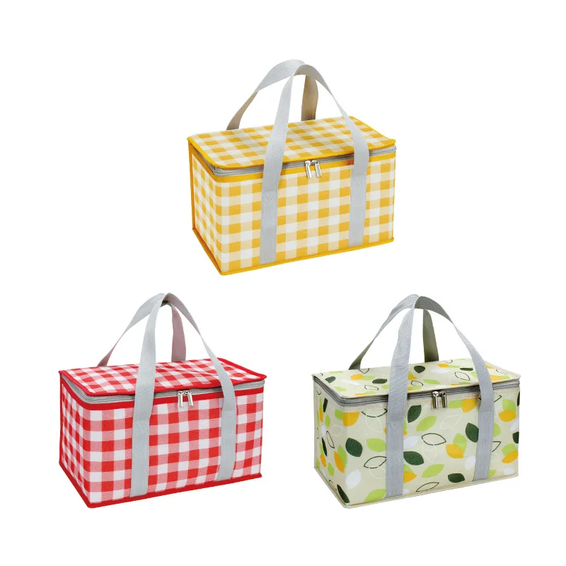 Checkered outdoor storage bag, waterproof picnic bag, ice pack, portable bag, large lunch box insulation bag, blue foldable