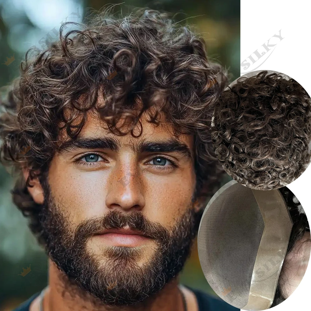 

28mm Curly Blonde Brown Black Weave Toupee Man 100% Human Hair Wig Mono Lace&NPU Men Toupets #4 #3 Systems Capillary Prosthesis