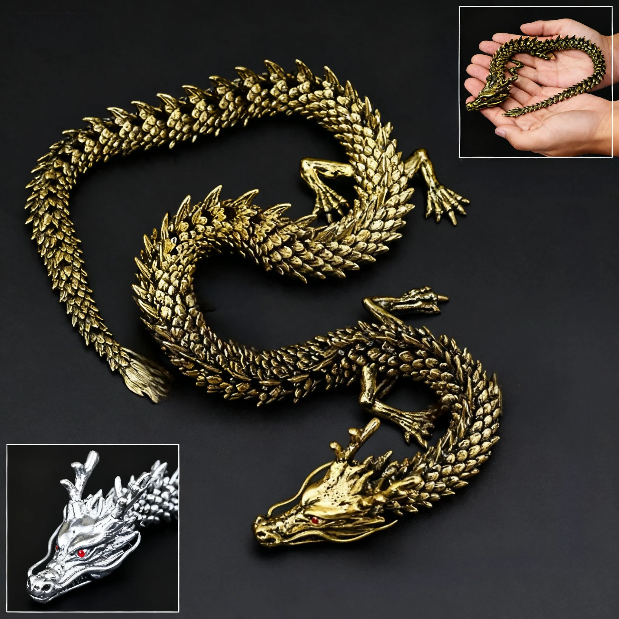 3D Dragon Statue Alloy Five Claw Chinese Loong Tabletop Decoration Which Can Move Body Joints And Symbolize Wealth And Success