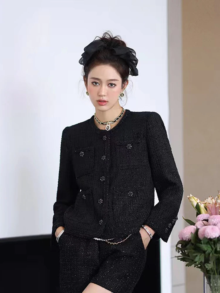 Black heavy woven tweed small fragrant coat for women's 2022 autumn new style wool short top