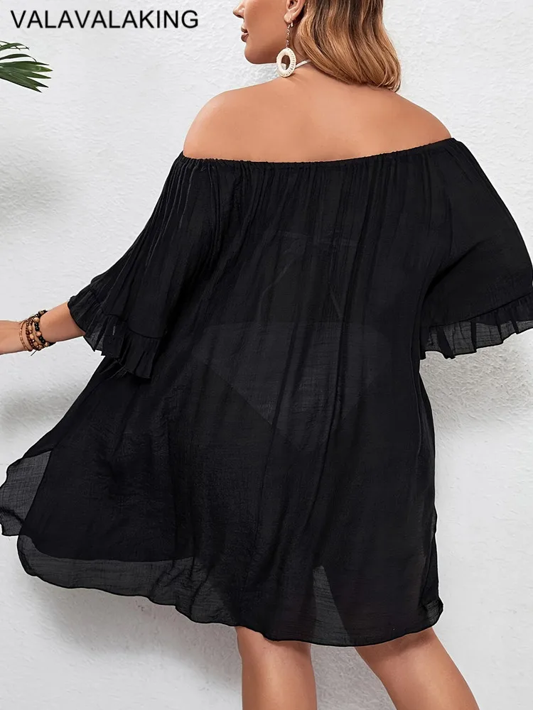 2025 Czarny damski strój kąpielowy z siateczki Plus Size Cove Up Off Shoulder Duża tunika bikini Lady Chubby Dress Brazylijskie okrycie plażowe