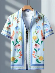 Camisa con estampado de flores para hombre, Tops de manga corta con solapa, estilo étnico tótem, informal, talla grande, novedad de 2024