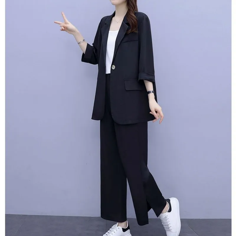 Traje profesional fino de dos piezas para mujer, chaqueta informal elegante coreana, abrigo y pantalones de pierna ancha, conjunto a juego, novedad de verano 2024