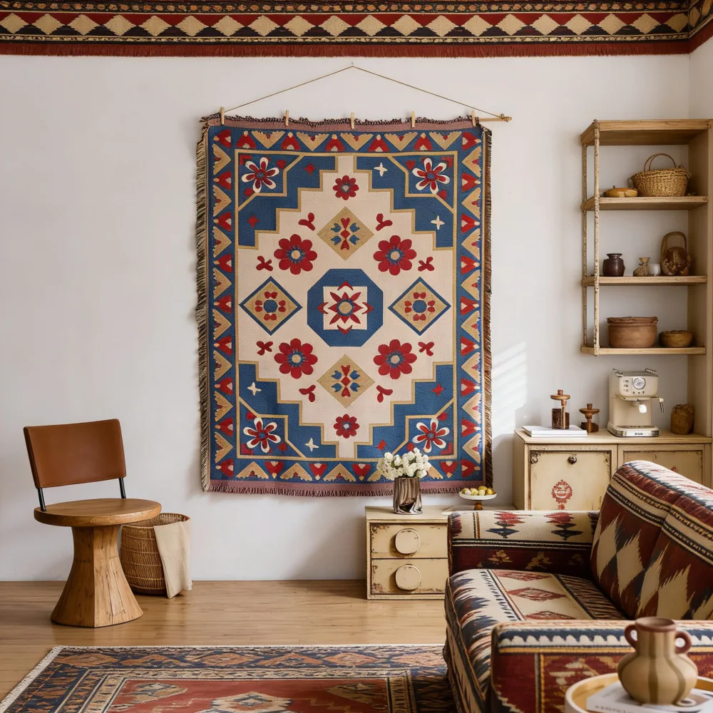 YFY ethnic style hanging cloth retro geometric wall decoration fabric hanging painting cotton yarn fringed tapestry