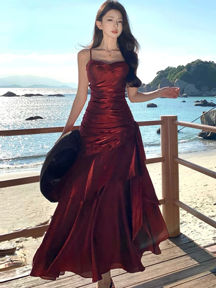 2026 Red Satin Chic Ruffled Elegant Long Dress Fashion Chic Sling Luxury Gala Dress Women Summer Korean Bodycon Party Vestidos