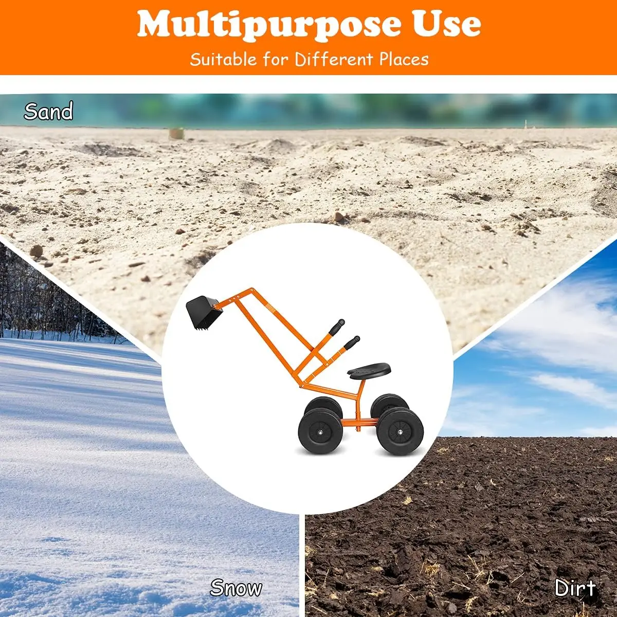 Sandbox Digger com assento e alça para crianças, Metal sentar na areia, brinquedo para quintal, 4 WD