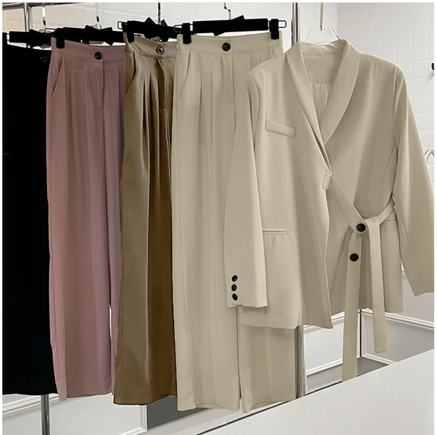 Hollow Lace Spring Thin Lace Up Blazer Loose Wide Leg Pants Two-piece Set Elegant Women's Pants Set Office Casual Outfits