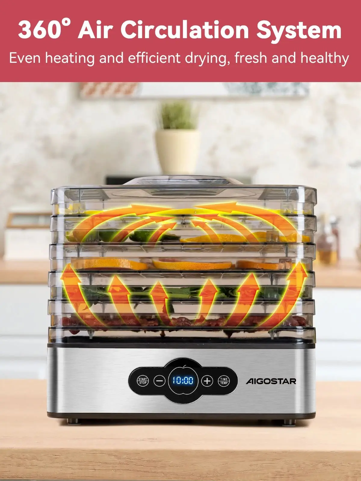 Aigostar Crispy Lebensmittel trockner, 240W, 5 Tabletts, automatische Trocknung, ideal für digitale Steuerungen von Obst, Fleisch, Gemüse usw.