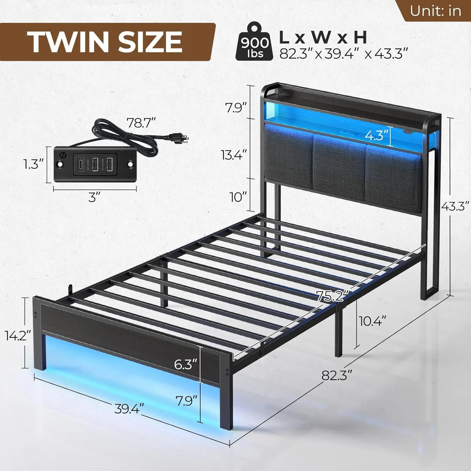 Bed Frame Twin Size with Charging Station and LED Lights, Upholstered Headboard with Storage Shelves, Heavy Duty Metal