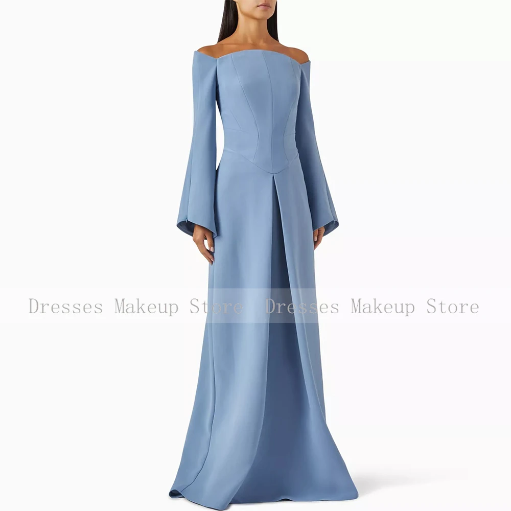 Formal Party Dresses for Women 2024 Sky Blue A-line Off-the-shoulder Floor Evening Gown Long Sleeves Length Modern Evening Dress