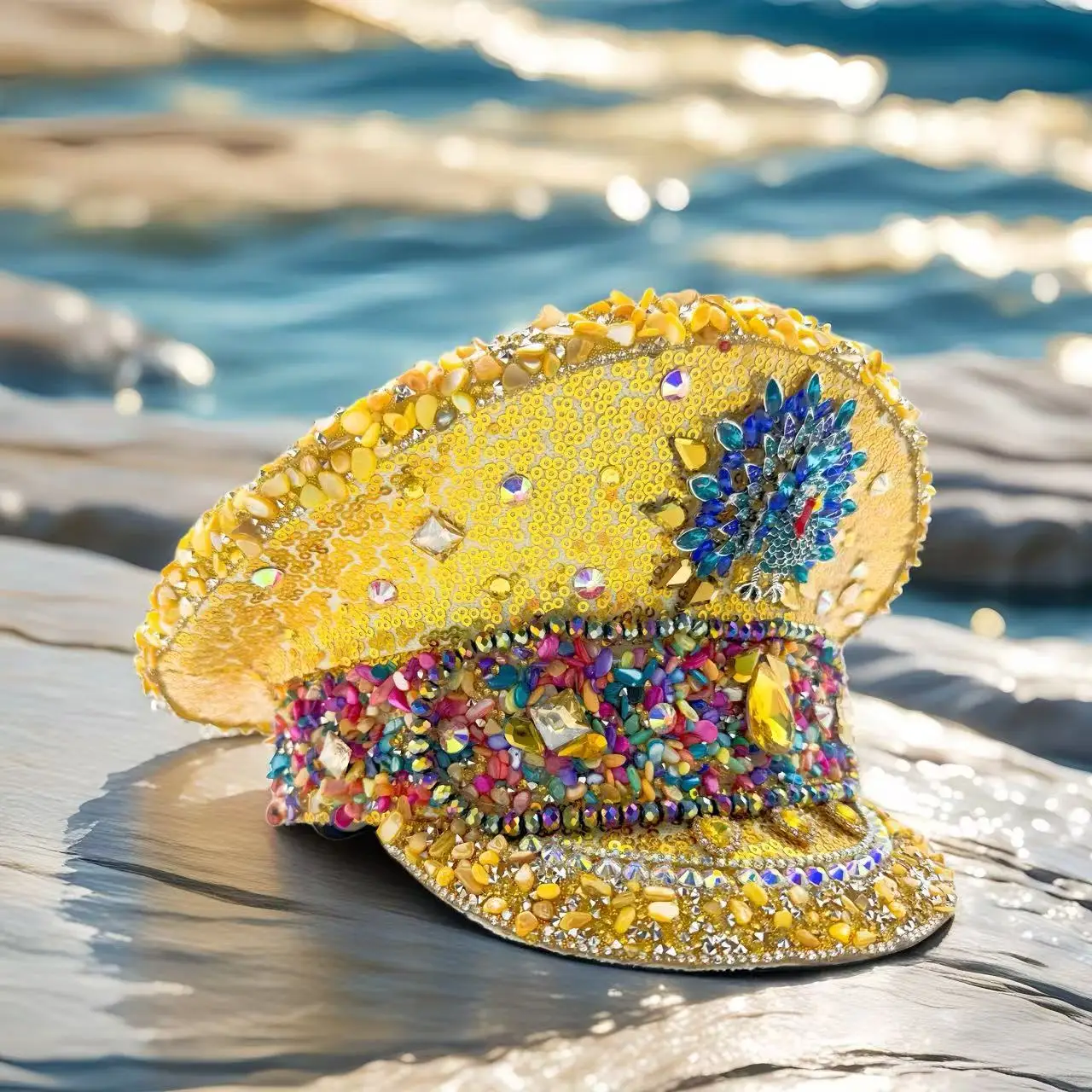 HongLuan gele glitter kapitein hoeden strass voor muziekfestival vrouw, carnaval kostuum hoed volwassene, cosplay vrouwelijke accessoires