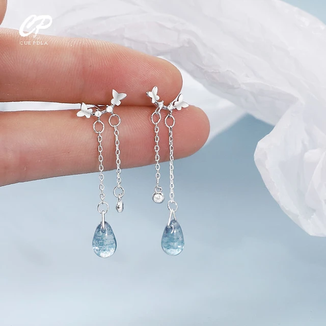 New Korean Silver Color Butterfly Blue Water Drop Tassel Earrings For Women Fashion Creative Light Luxury Elegance Party Jewelry AliExpress