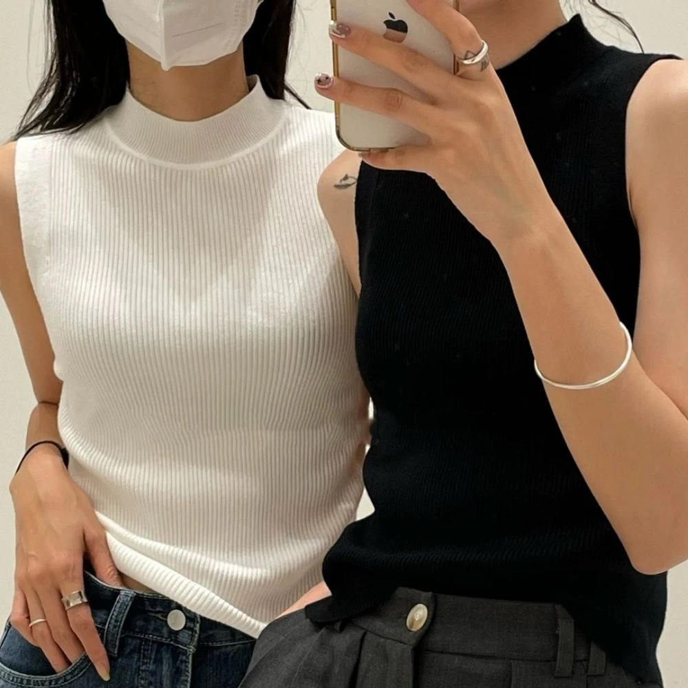 Women\'s Cropped Solid Color Knitted T-shirt Short Sleeveless Tank Top Slim Pullovers Crop Top Street Style Camisole Sexy Tops