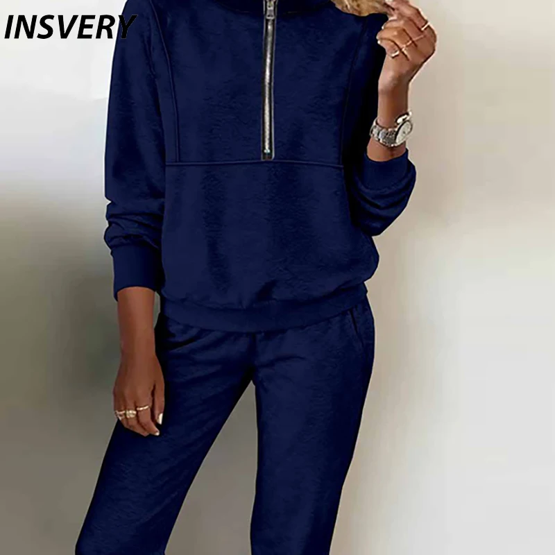 Felpe con cerniera di nuova moda Set da due pezzi Tuta da donna oversize Autunno Inverno Solido Pullover casual Set di pantaloni lunghi