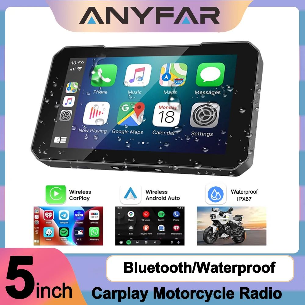 

IP67 5 Inch Waterproof Motorcycle Touch Screen with Wireless CarPlay Android Auto Fast Boot for Motorcycle E-Bike ATV Etc