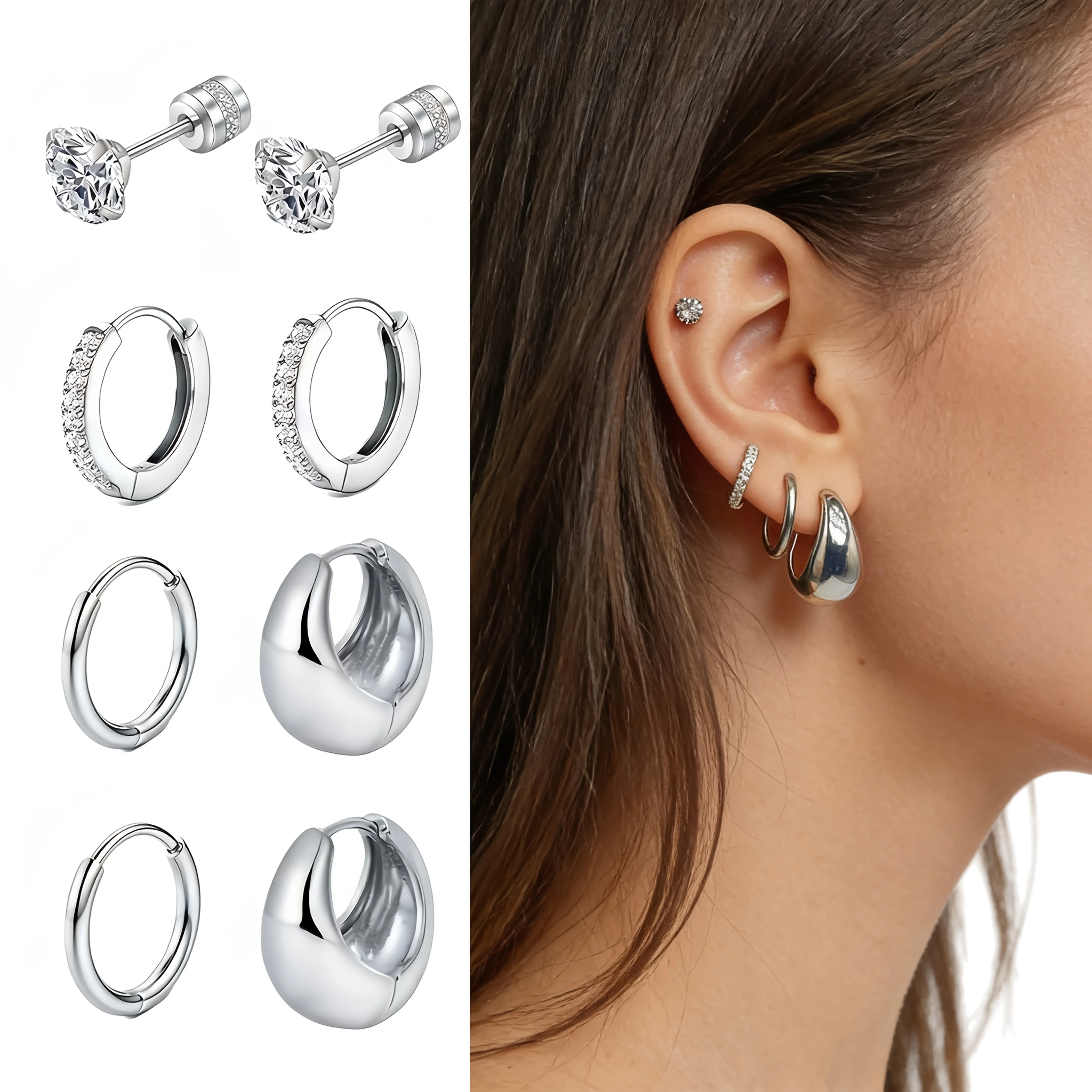 

8Pcs 316L stainless steel hypoallergenic embossed earring set, 5A cubic zirconia stone ear cartilage puncture jewelry accessory