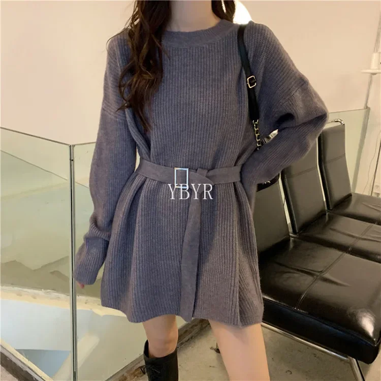 Female Tie Waist Thin Long Sleeves Sweater Dress Female Autumn Winter Korean Simple Long Section Warm Pullover Knitted Sweaters