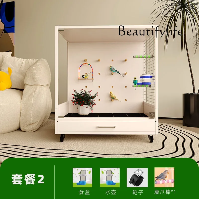 Y Panoramic Transparent Parrot Cage Solid Wood Bird Cage Monk Small Sun Xuanfeng Peony Special Tiger Skin Household Large Space