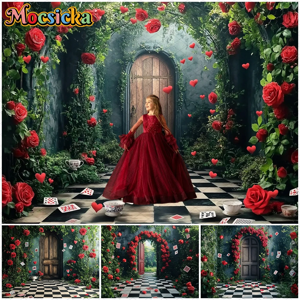 

Mocsicka Spring Backdrop Easter Red Rose Flower Green Wall Card Door Black White Grid Floor Wedding Decorations Party Background
