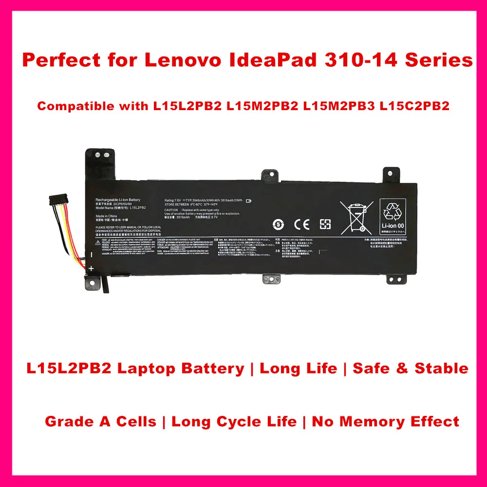 L15L2PB2 7.6V 30Wh Laptop Battery for Lenovo L15M2PB2 L15L2PB3 L15C2PB2 L15C2PB4 L15C2PB6 L15M2PB4 HIGH‑QUALITY A‑GRADE CELLS