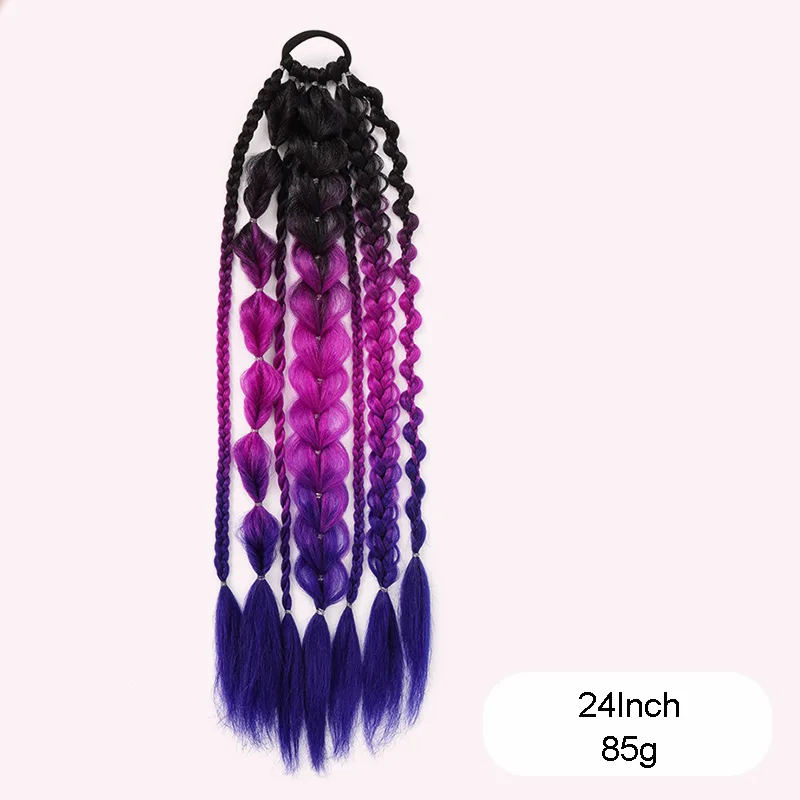 24Inch Synthetic Long Straight Bubble Ponytail Hair Extension Elastic Rubber Band Ombre Color Braided Ponytail for Women Party