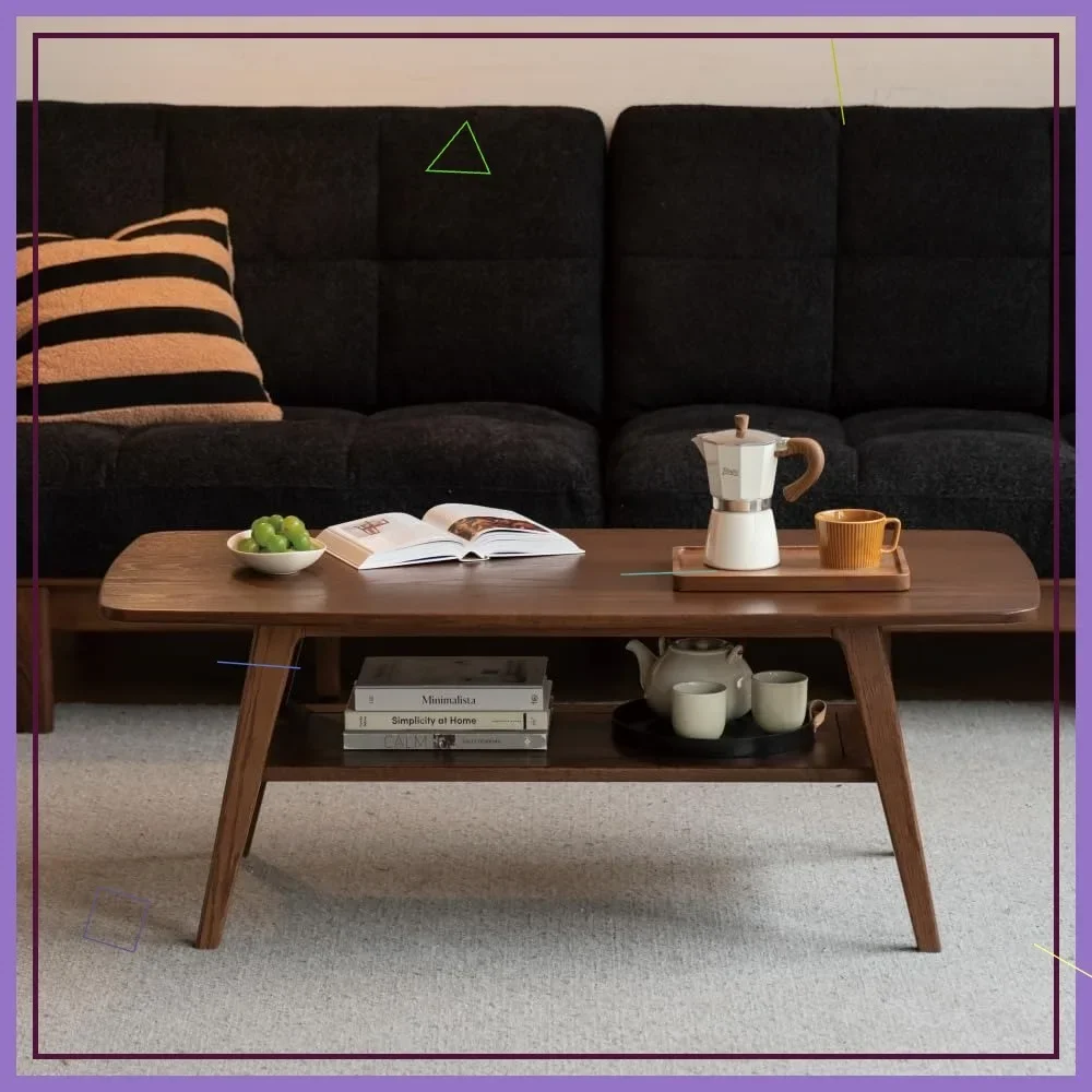 

Mid Century Modern Coffee Table with Shelf Storage, 39.37" Solid Oak Wood, Rounded Corners