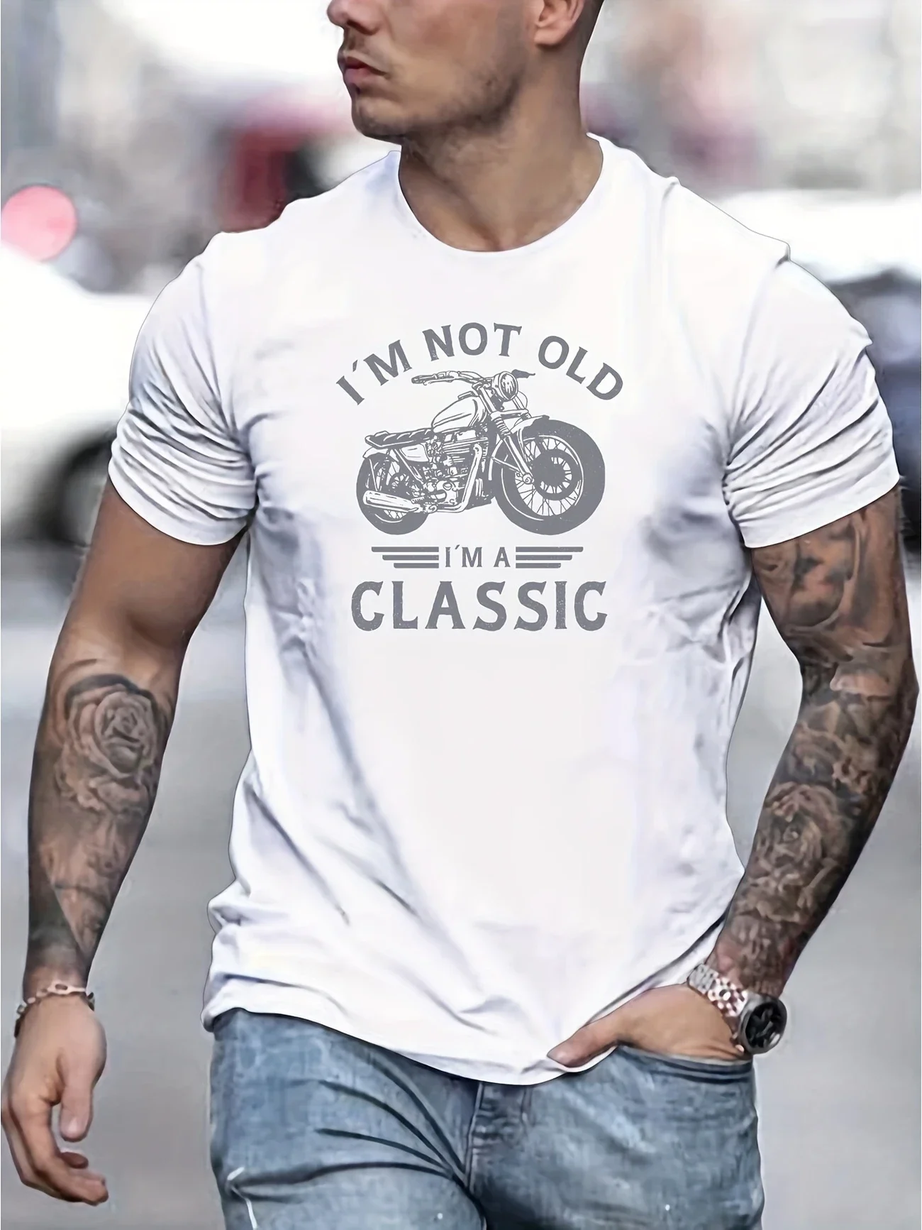 Summer casual men's retro motorcycle pattern "I'm not old, I'm classic" printed short sleeved round neck T-shirt, Father's Day g image 3
