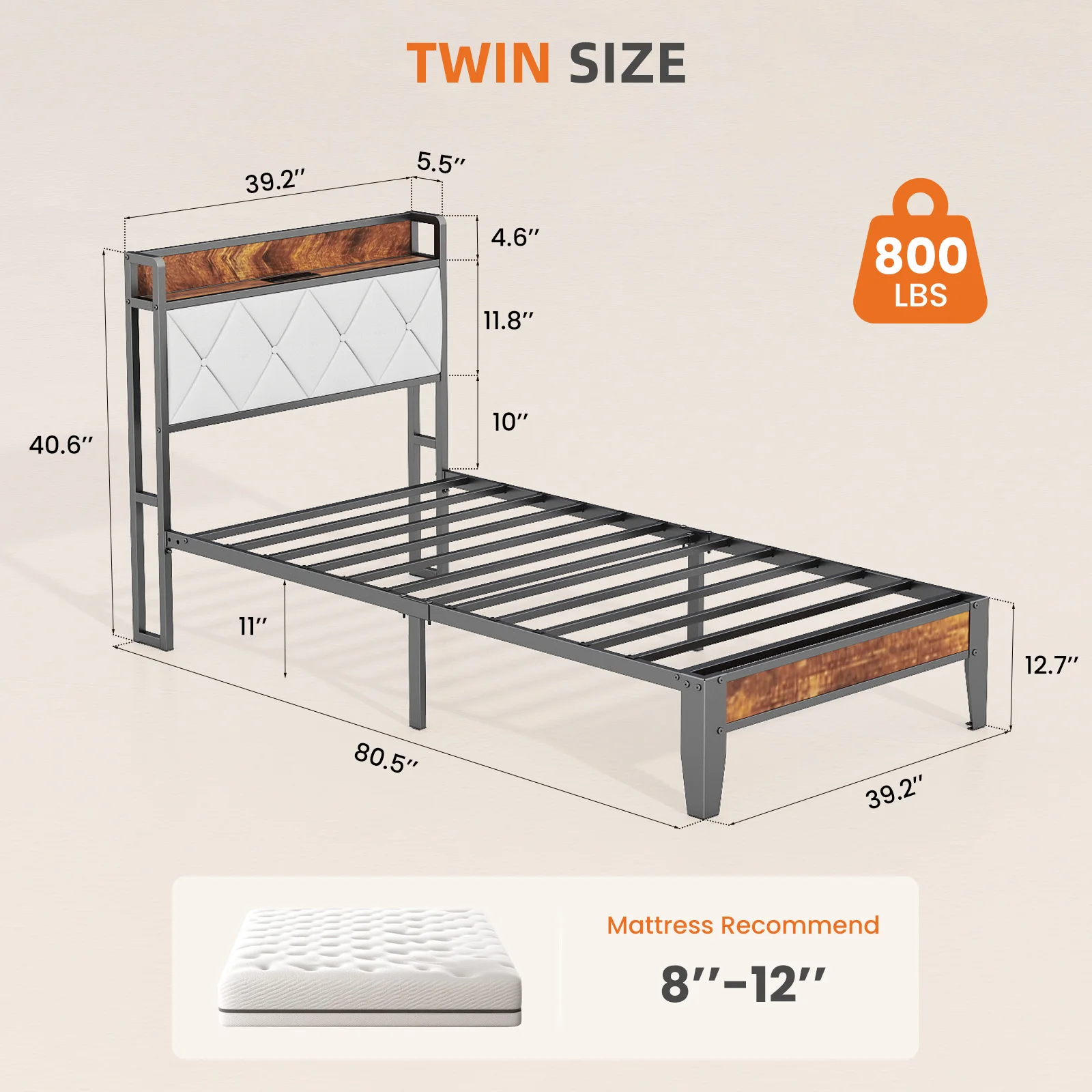 MCQ Twin Size Metal Bed Frame with Storage Headboard No Box Spring Needed Easy Assembly Durable Squeak-Free Frame With USB Charging Station For Home Bedroom