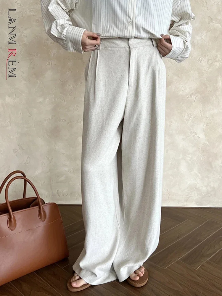 [LANMREM] Linen High Waist Suits Pants For Women Solid Straight Office Lady Trousers Vintage Clothes 2024 Summer New 26D8951