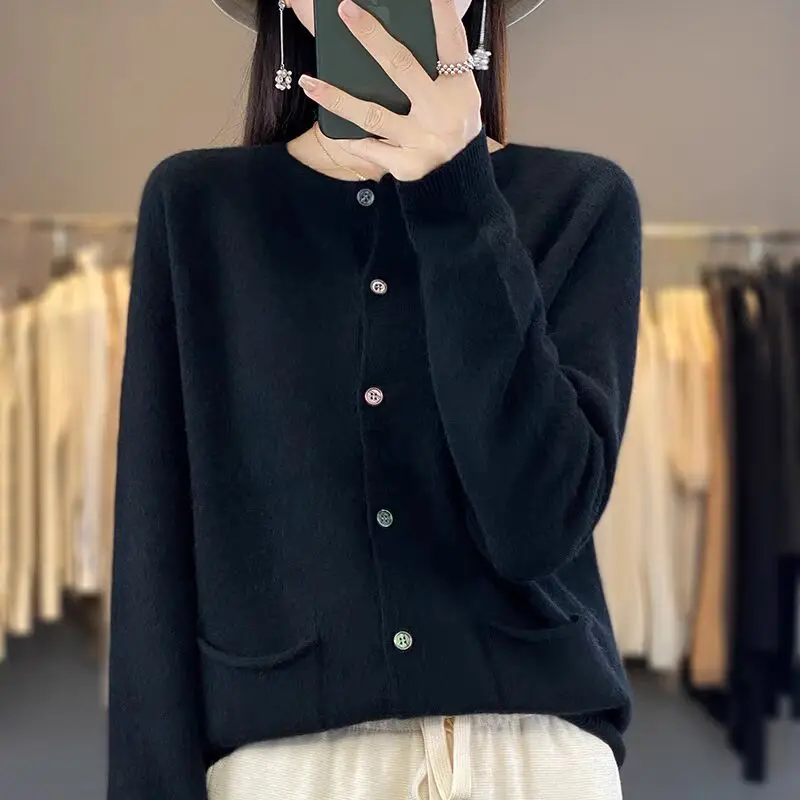 Women Clothing Solid Pocket Sweaters Autumn Winter Vintage Commute Loose Knitted Cardigan Soft Wool O-neck Tops