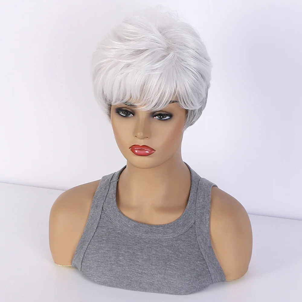 Synthetic  Short Mixed Gray White Wigs for Women Layered Pixie Cut Wigs with Bangs Wigs for White Women Fake Hair