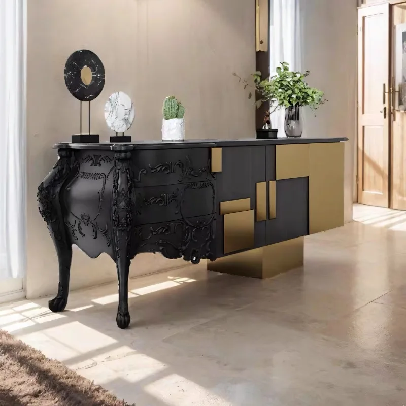 Solid wood dining side cabinet living room retro carved TV cabinet stainless steel