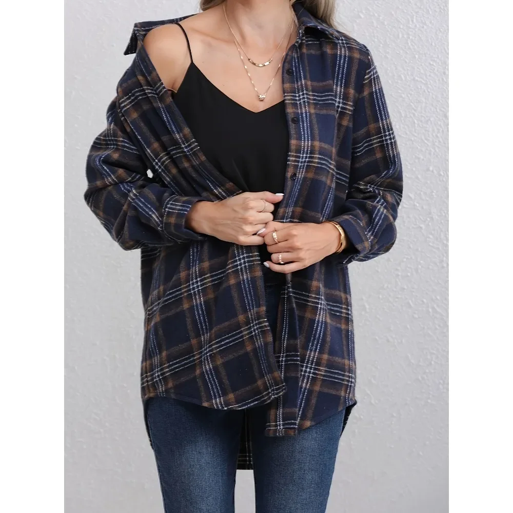

Большие размеры 1XL-5XL, новая женская рубашка в клетку с карманами и длинными рукавами с воротником с лацканами, женская повседневная блузка, рубашка, топ
