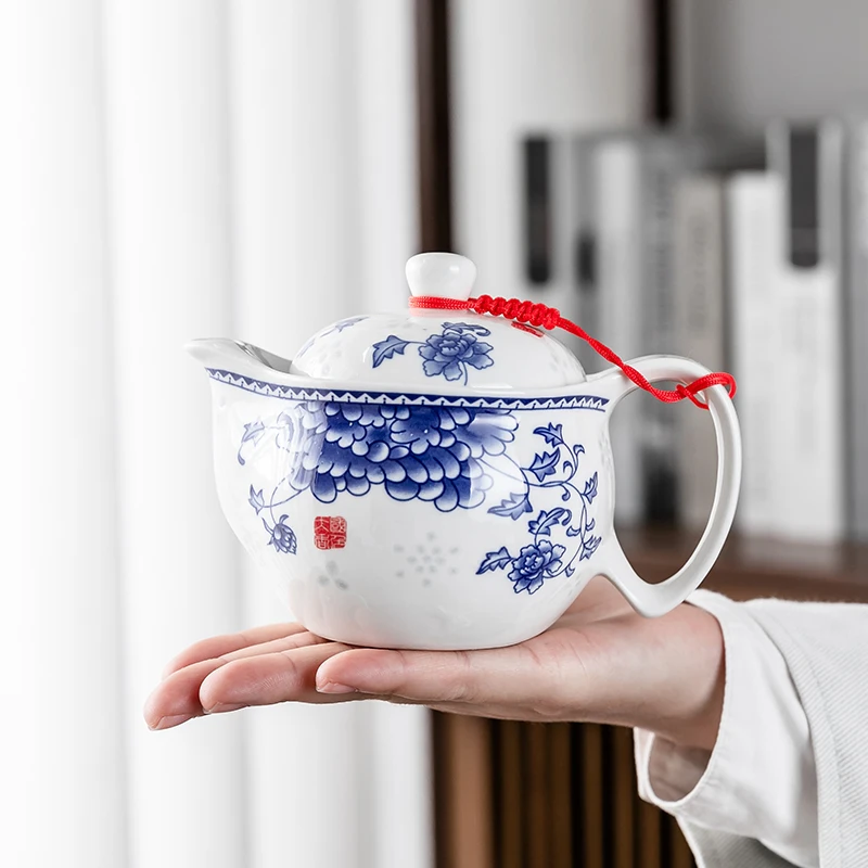 

Бытовой фарфоровый чайник, керамический горшок большой емкости, синий и белый ретро-петля с ручкой, луч
